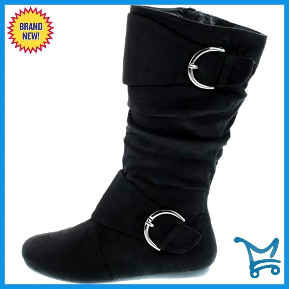Slouch Mid-Calf Boots with Buckle Closure, Slip-On Zip, Non-Skid Sole